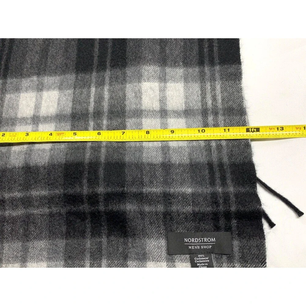 Nordstrom Men's Shop Cashmere Scarf Cozy Soft Fringe 12” x 74” Black Plaid Flaw
